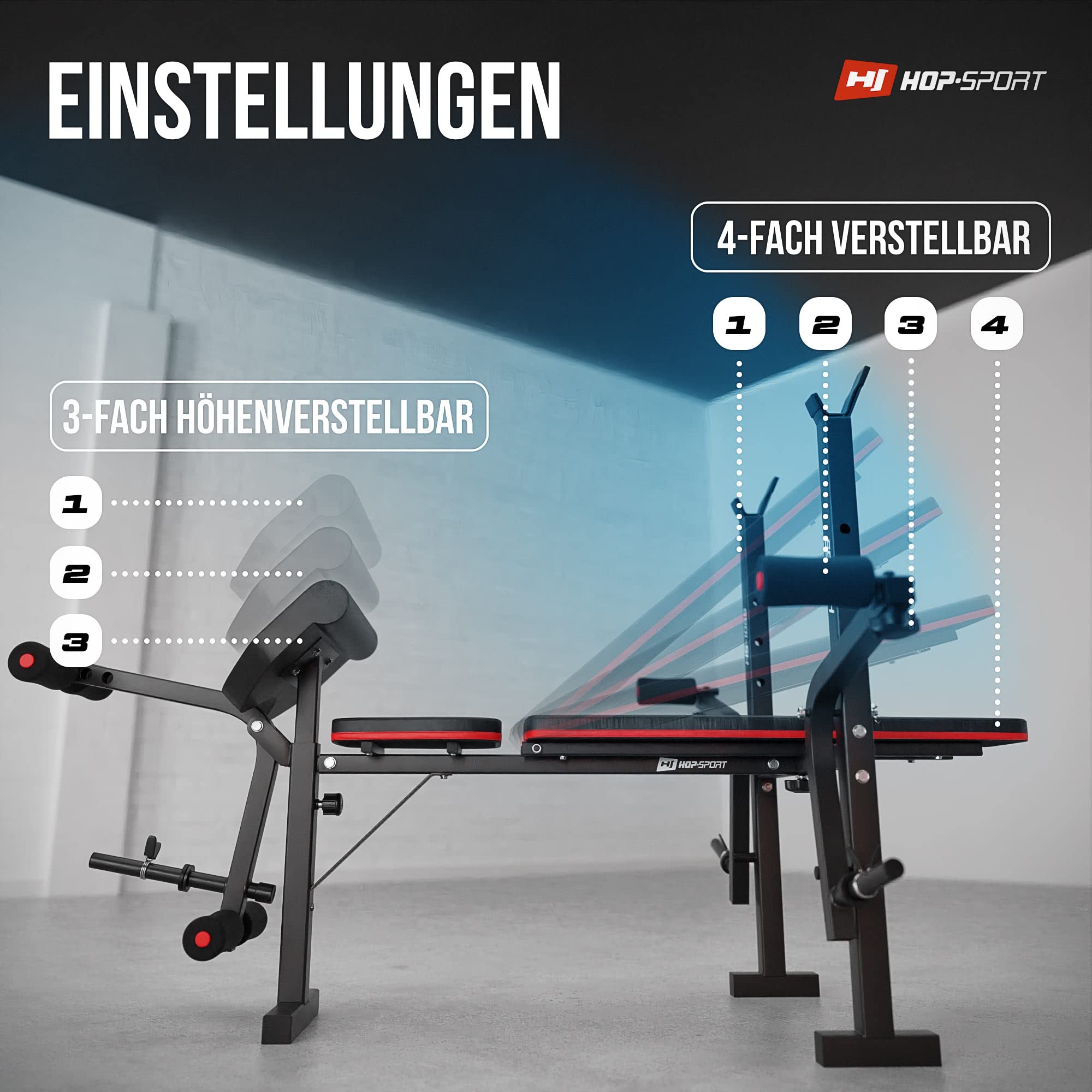 Hop-Sport Hantelbank mit Curlpult, Butterfly, Beincurler & klappbarer Trainingsbank, inkl. 38 kg Hantelset, SZ-Stange, Langhantel, Kurzhanteln – Fitnessbank für Heimtraining