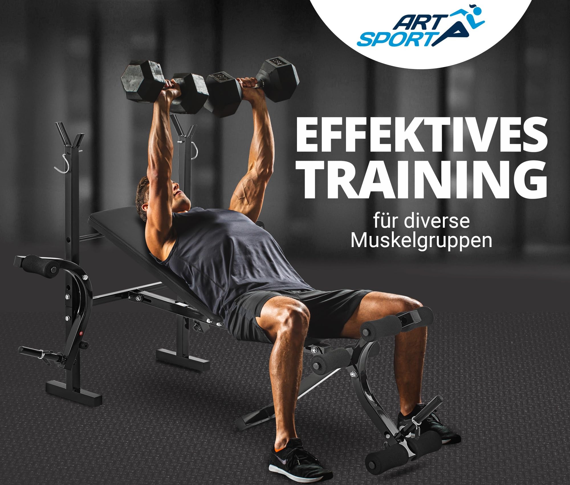 ArtSport Multifunktion Hantelbank ProfiGym1000 klappbar & 4-fach verstellbar - mit Langhantelablage, Beincurler & Butterfly - Trainingsbank Schrägbank Flachbank